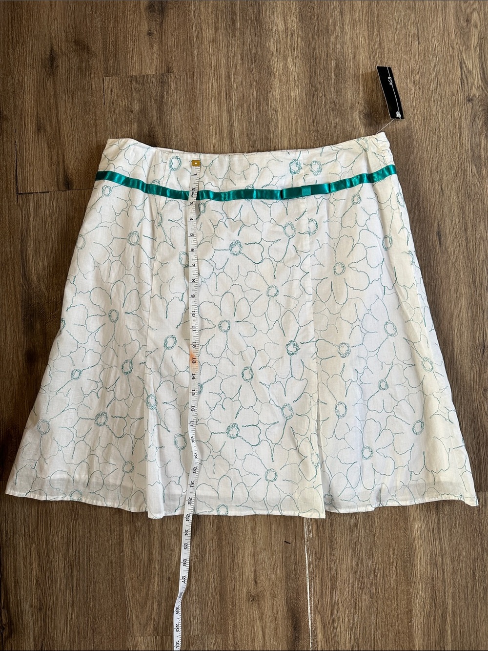 AGB Cream Midi Skirt with Teal Floral Outline and Teal Waist Ribbon